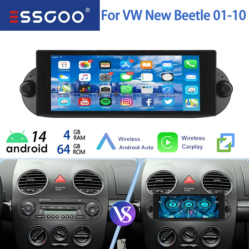 ESSGOO 64G 7 "Android 14 Autoradio Voor VW Kever 01-10 Draadloze Carplay GPS Navi FM WiFi BT RDS SWC Spiegel Link IPS Touchscreen