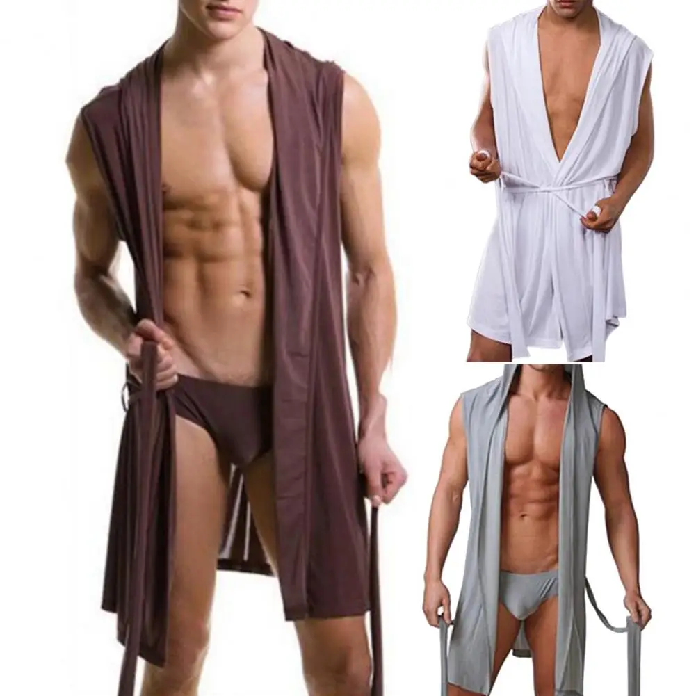 

Great Men Pajamas Solid Color Above Knee Cardigan Thin Men Bath Robe