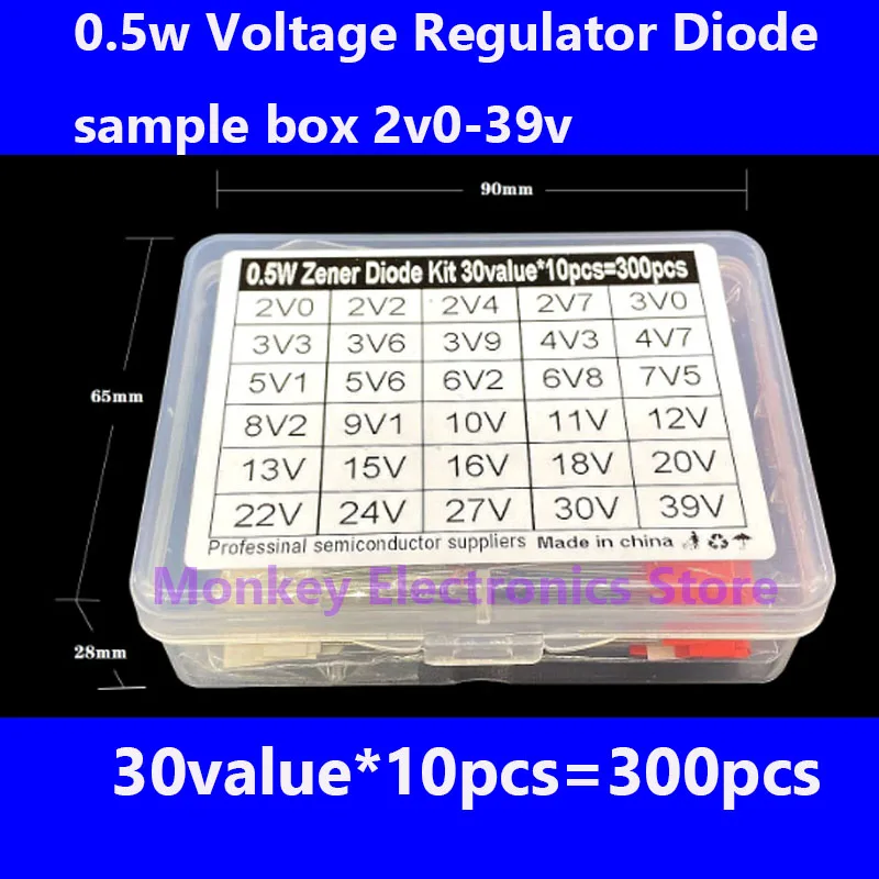 300pcs 0.5w 1/2W Voltage Regulator Diode Inline Zener Voltage Regulator Sample Box 2v0-39v 30value*10pcs