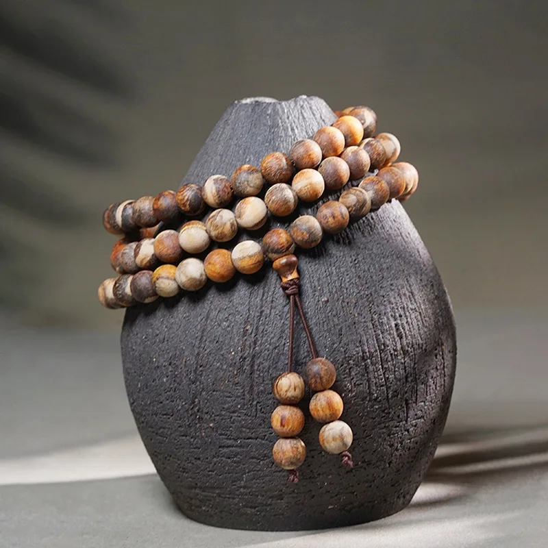 Natural Tribute Wood 108 Beads Untreated Natural Finish Buddhist Prayer Bracelet Fidget Worry Beads Zen Meditation Jewelry Gift