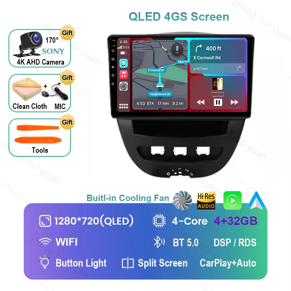 Voor Peugeot 107 Toyota Aygo Citroen C1 2005-2014 Android 16 Carplay & Auto Autoradio Navigatie Multimedia Stereo Speler BT QLED