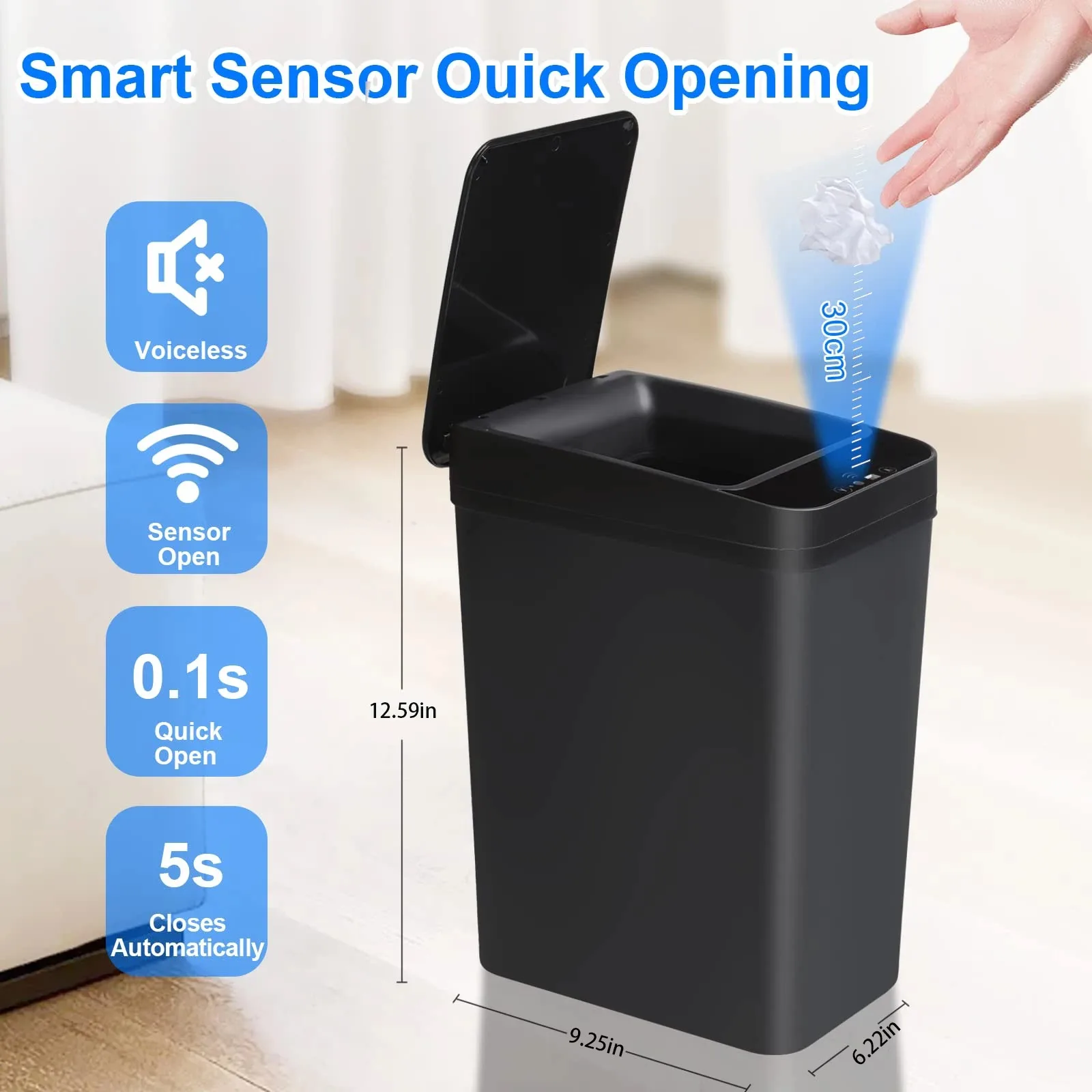 Touchless Motion Sensor Automatic Trash Can with Lid 12L Garbage Bin for Bathroom Kitchen Office Living Room Bedroom