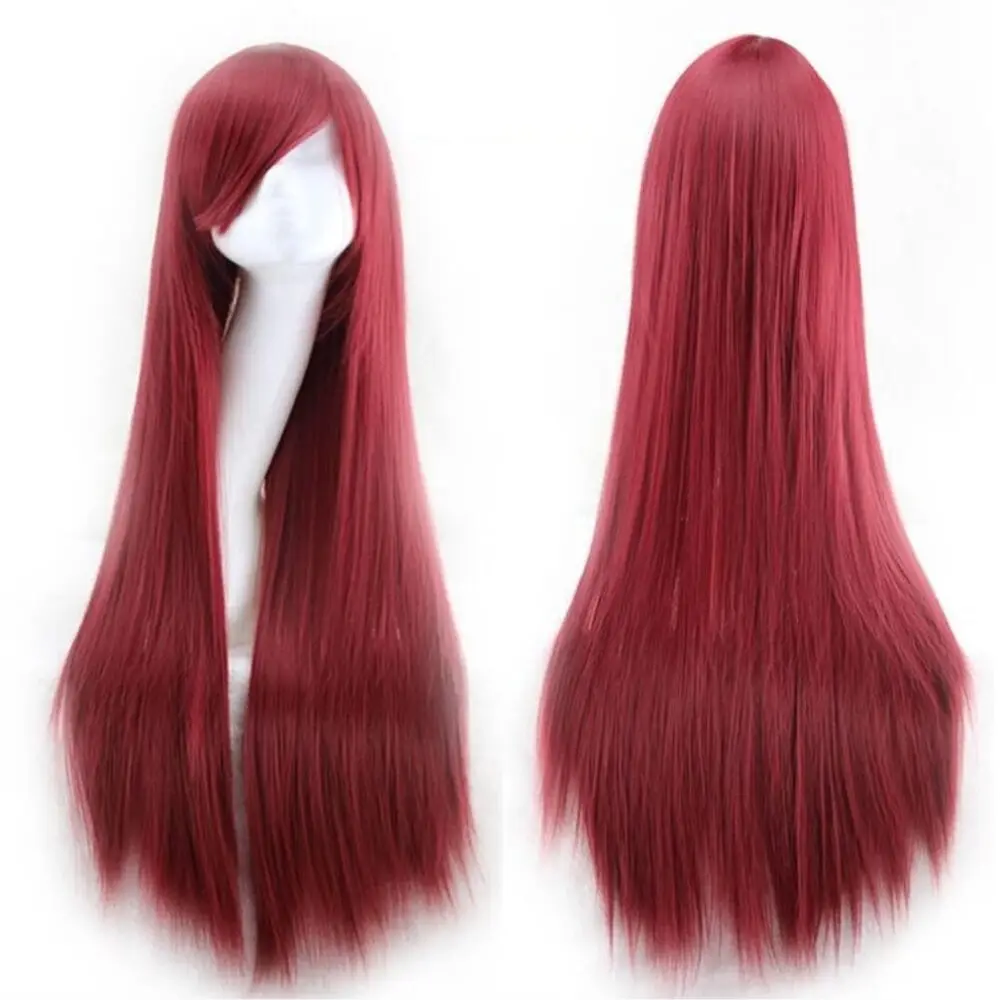 Wine Red Universal Wig Straight Sleek 31.49in Long Full Hair Wigs Side Bangs