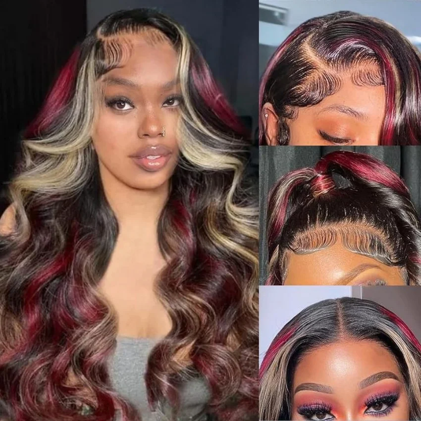 Peluca de encaje sintético con reflejos rojos para mujer, peluca frontal de encaje negro con Rubio, onda corporal prearrancada con cabello de bebé,