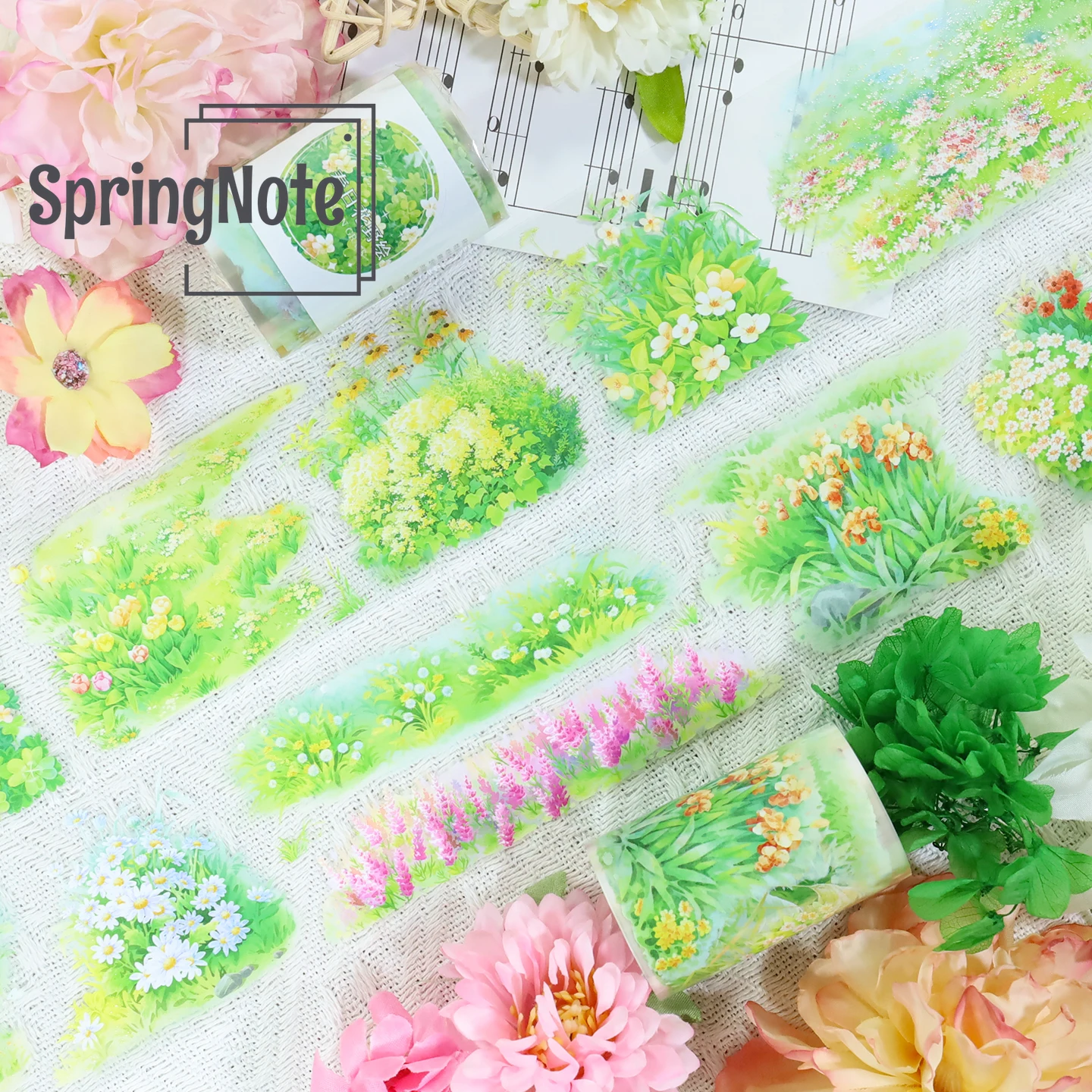 2m/Roll Spring Flower PET Washi Tape Green Grass Transparent Sticker Decorative Tape For Scrapbooking Collage Material100cm Loop