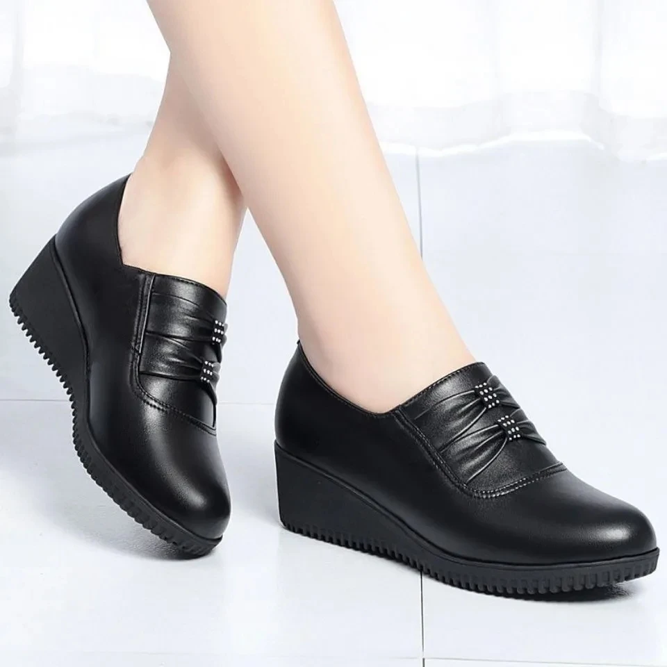 Mom black artificial leather flats platform spring black womens shoes cozy loafers female ballet shoes