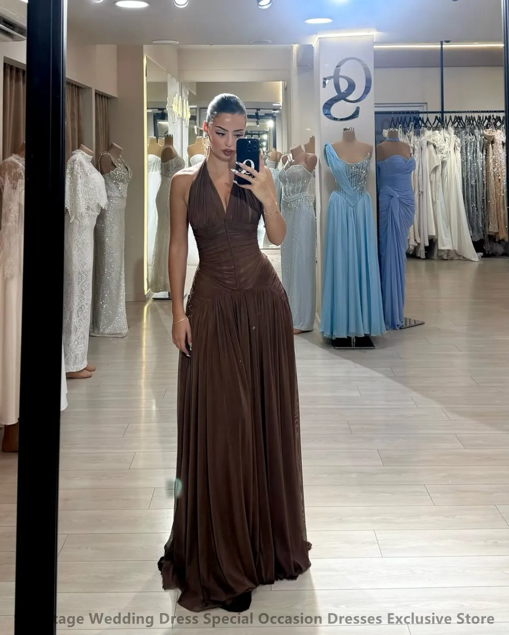 فستان سهرة طويل من الشيفون البني من Sevintage 2025 على شكل حرف A ورقبة رسن لحفلات الزفاف الرسمية للحفلات الراقصة دبي رداء السهرة #2
