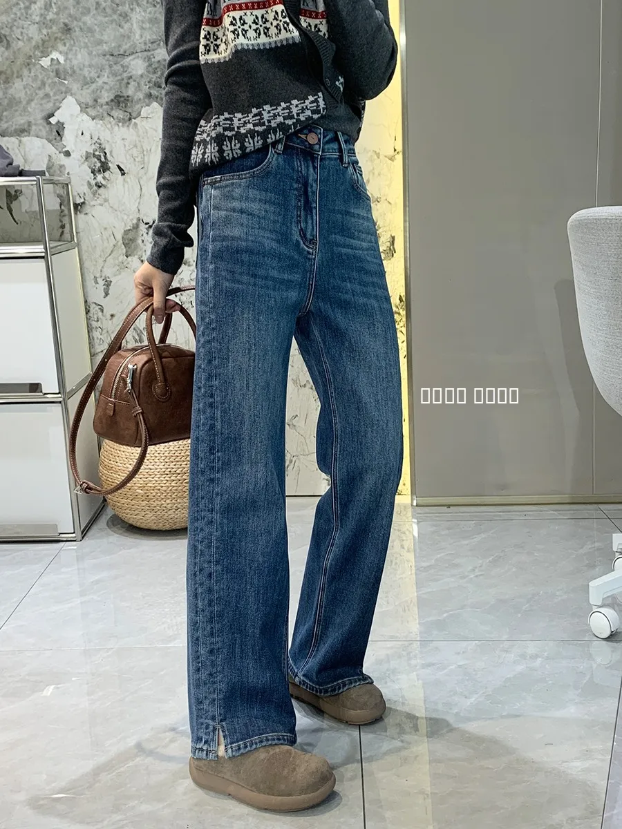 

Утепленные прямые джинсы Thiened Fce для женщин, осенне-зимние, свободного кроя, облегающие, длинные брюки с высокой талией, из хлопкового стрейч-денима, теплые