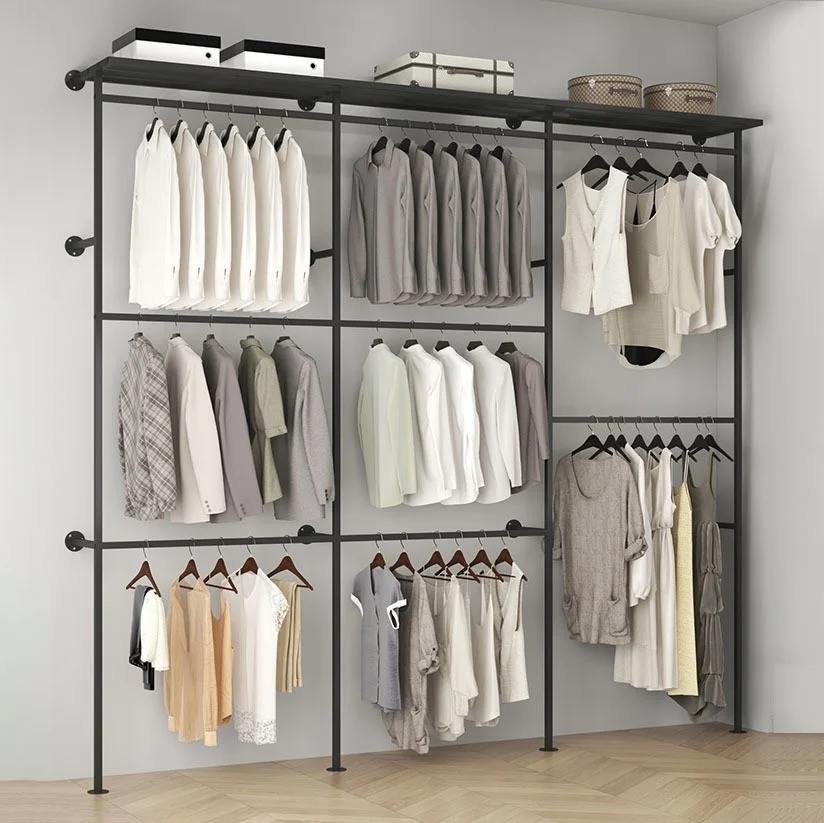 Modern Home Furniture Double-Layer Wooden Wardrobe Rack Wall-Mounted Open Clothes Display Shelf for Bedroom Cloakroom