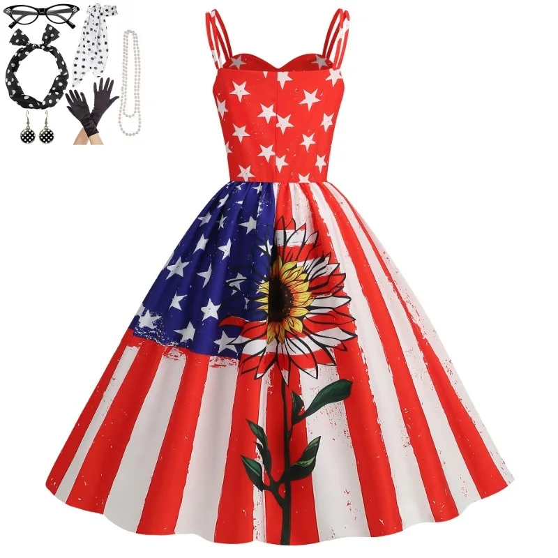 Independence Day USA Flag Print Strap Dress for Summer with jewelry set earring necklace Hepburn Dress Women New Party Dresses