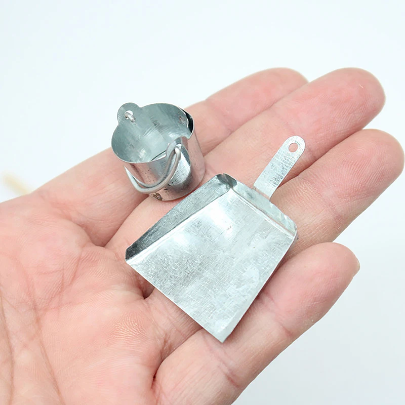 1/12 Dollhouse Broom Dustpan Mop Metal Pail Kit Dollhouse Mini Cleaning Tool Accessories Dolls House Decor Pretend Play Toy