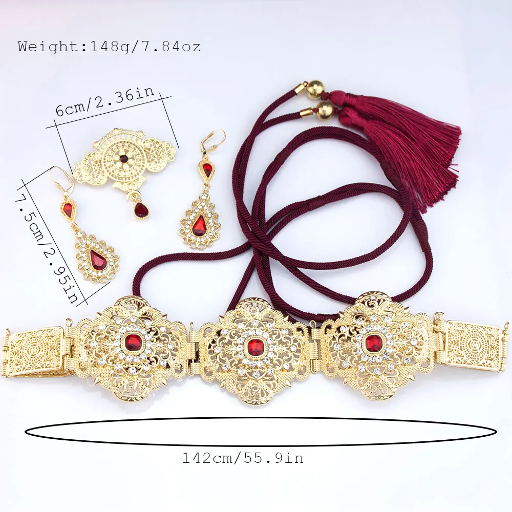 เข็มขัดแต่งงานคริสตัลแบบยาวประดับคริสตัลสำหรับเจ้าสาว  งานแต่งงาน  ปีใหม่  เครื่องประดับเชือกคล้องมือ  สายคาดเอว  ต่างหูยาว  เข็มกลัดสไตล์ชาติพันธุ์  ซันสปิคส์เมส  แอลจีเรีย  โมร็อกโก