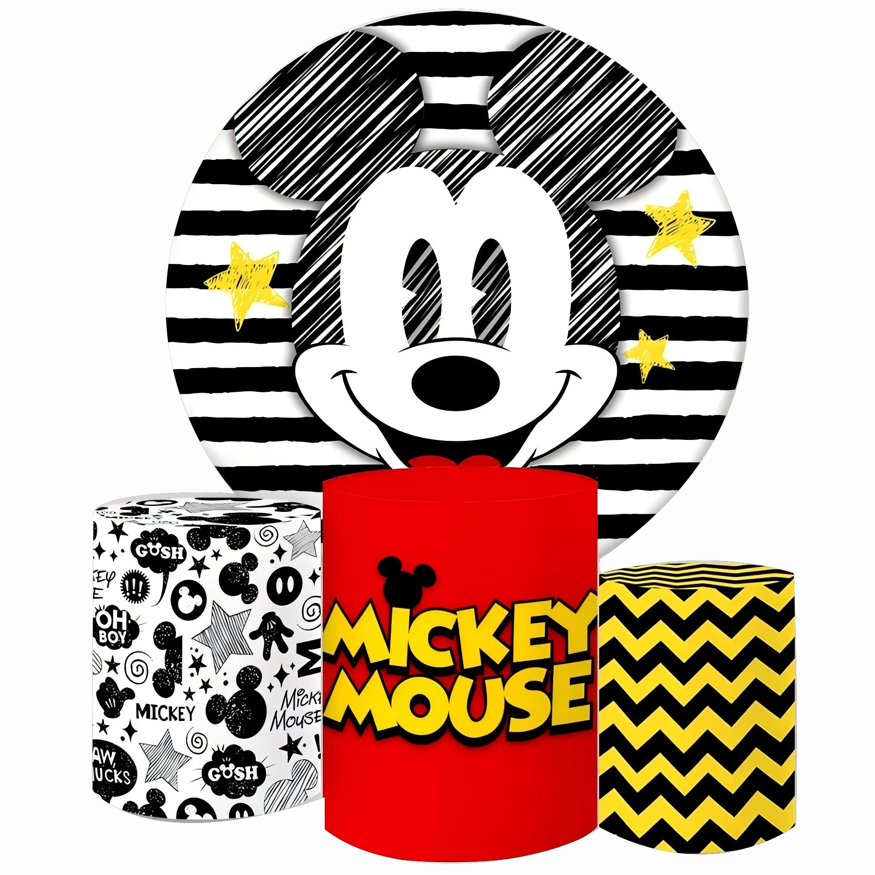 ディズニー-ミッキーマウスの丸い背景,ベビーシャワー用,子供用にカスタマイズされた背景,誕生日パーティー,イベントの装飾,黒と白