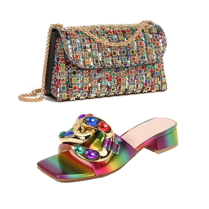 New Plus Size Sandals For Women With Colorful Metal Rhinestone Square Toe High-heeled Shoes Colorful Rhinestone Dinner Bag Set
