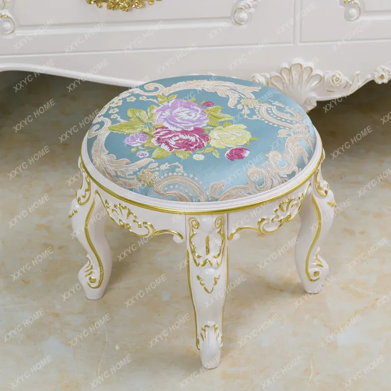 Living Room Shoe Stool Chair Vintage Luxury Round Shoe Ottoman Bedroom Sofa Side Carved Flower Small Chairs Home Furniture