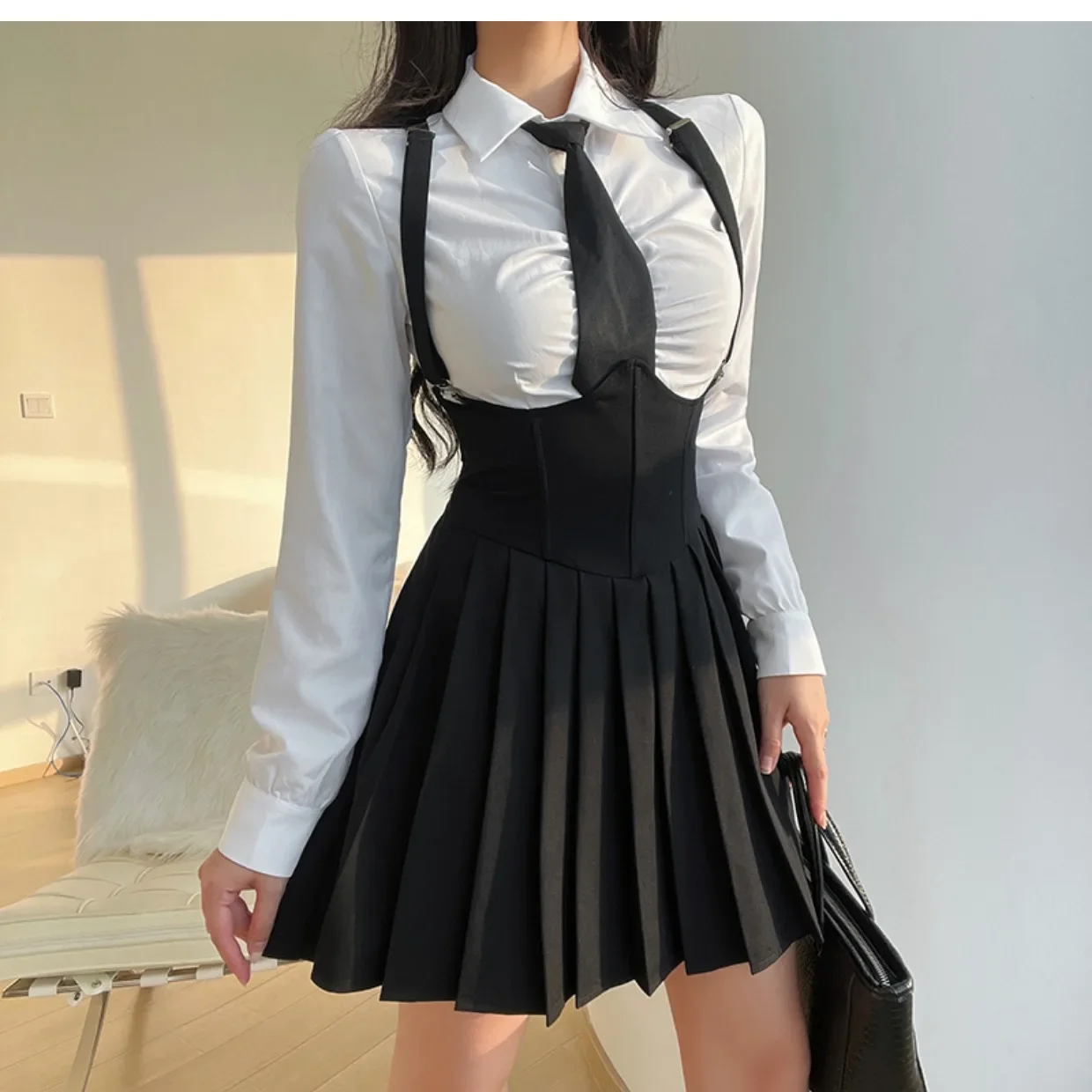 Sexy JK Uniform suit Women Slim-fit Japanese Spice Girls College Style Uniform Shirt + White Lace-up Pleated Skirt 2-piece Set