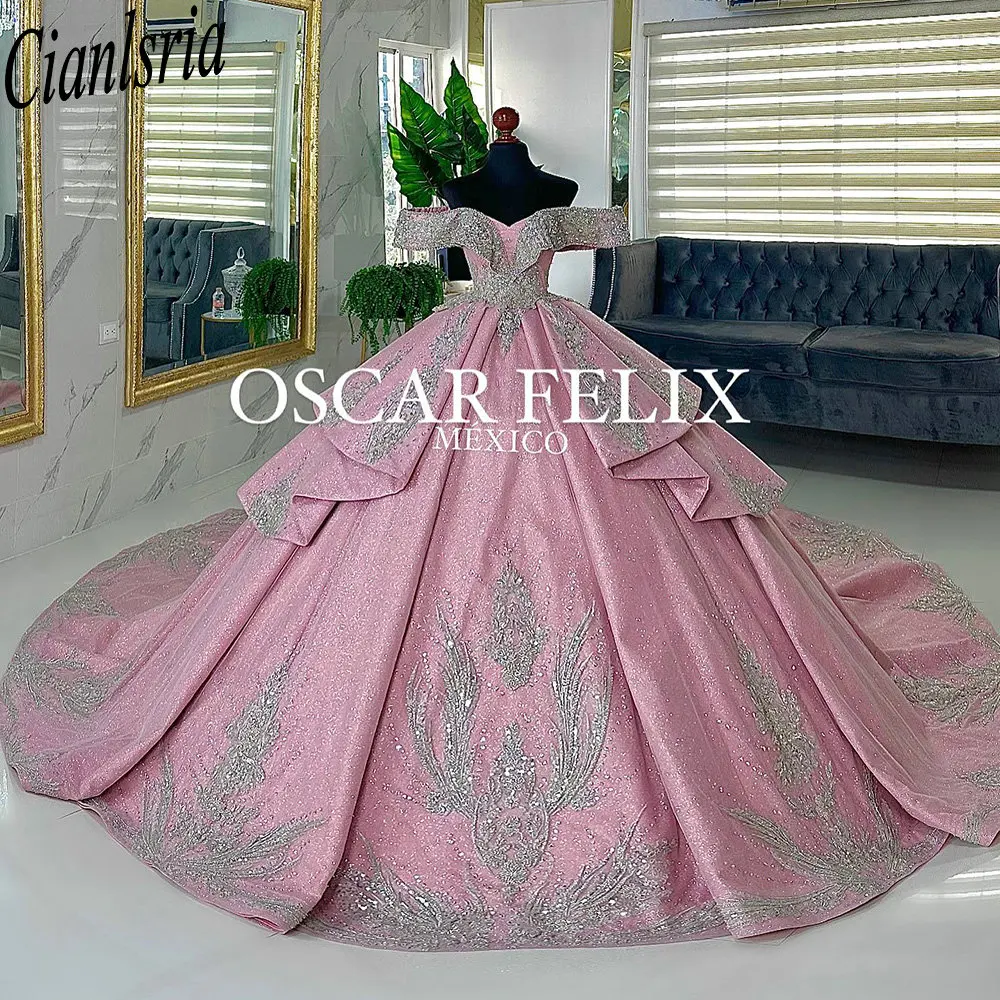 Roze Prinses Lovertjes Appliques Kanten Kralen Baljurk Quinceanera Jurken Van De Schouder Ruches Corset Vestidos De 15 Años