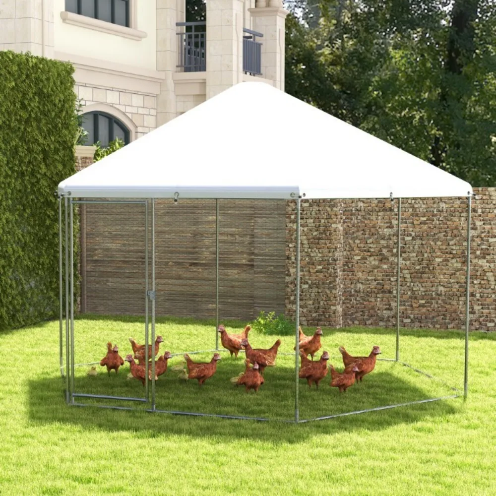 

Outdoor Large Metal Chicken Coop Walk-in Poultry w/Wire Mesh and Lockable Door