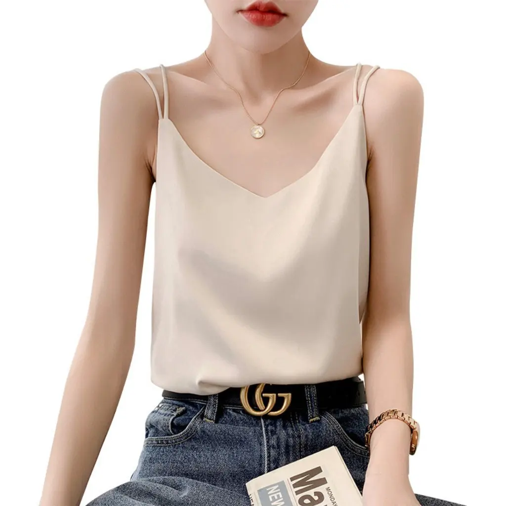 

Silk Satin Women's V-neck Camisole Slim-fit Short Beauty Back Design Spring Summer New Fashion Top for Women