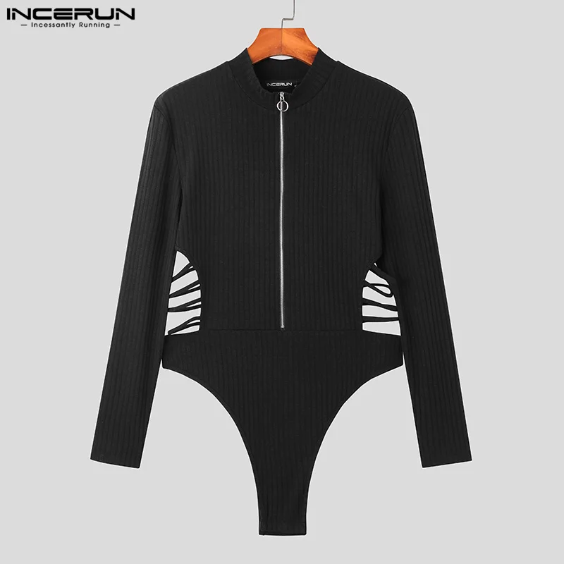 Sexy Fashion Men\'s Bodysuits INCERUN Zipper Side Waist Hollow Half High Neck Rompers Knitted Texture Long Sleeve Bodysuits S-3XL