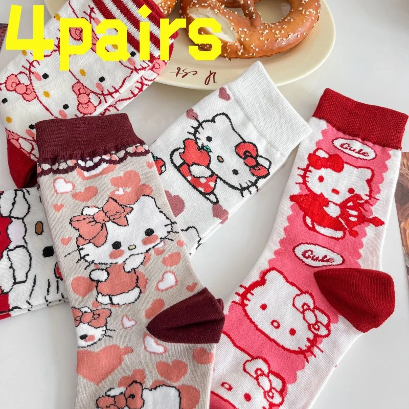 4 أزواج من جوارب HelloKitty المضادة للانزلاق، جوارب بيلاتيس للياقة البدنية والمشي لمسافات طويلة، جوارب للدراجة، جوارب نسائية، جوارب يوجا للرقص
