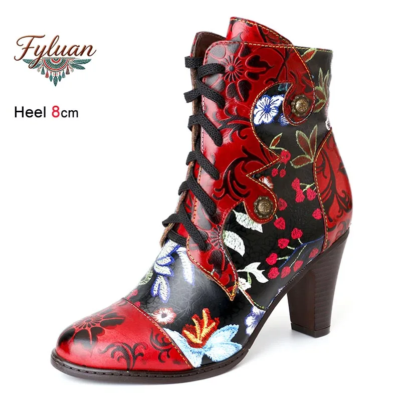 

Fashion Emboss Lace-up Short Boots For Woman Party Shoes 2026 Autumn Winter Women Genuine leather Printed Boots 8CM High Heels