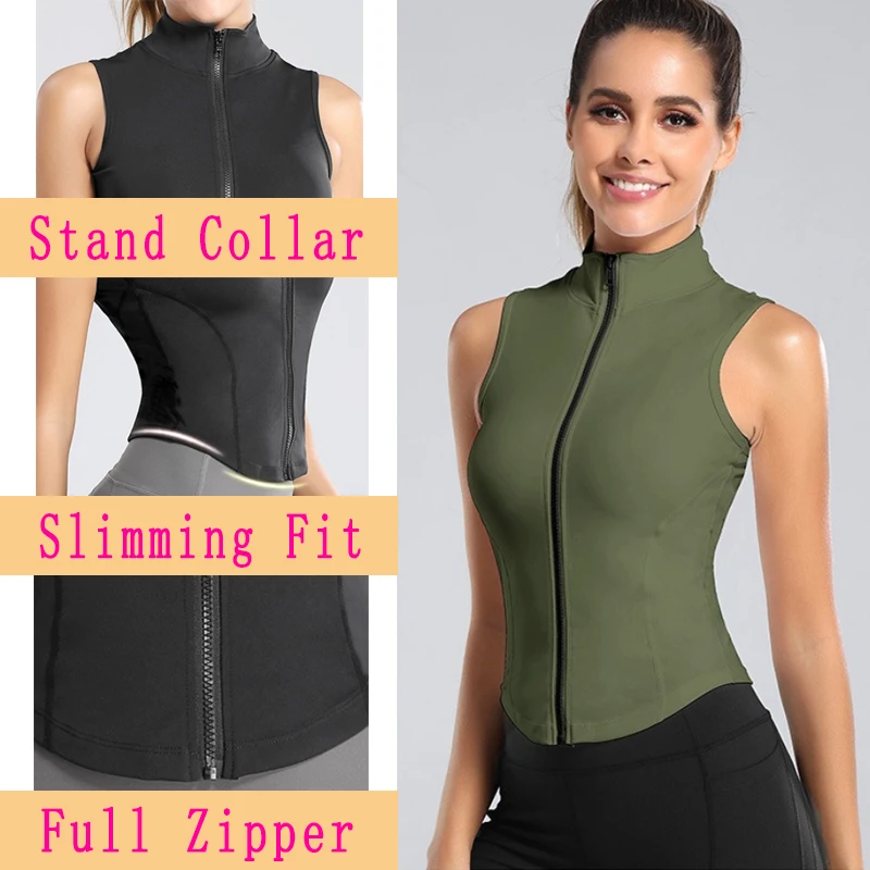 PofyBofy Stand Collar Slim Fit Full Zipper Sleeveless Jacket Quick Drying Absorbent Women Yoga Shirt Fitness Training Sportwear