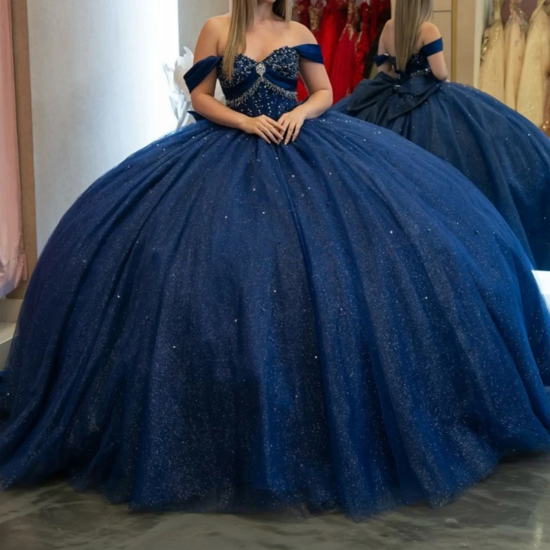 

Navy Blue Shiny Quinceanera Dresses Ball Gown Off The Shoulder Beading Crystal Bow Tull Corset Sweet 16 Dress Vestidos De 15