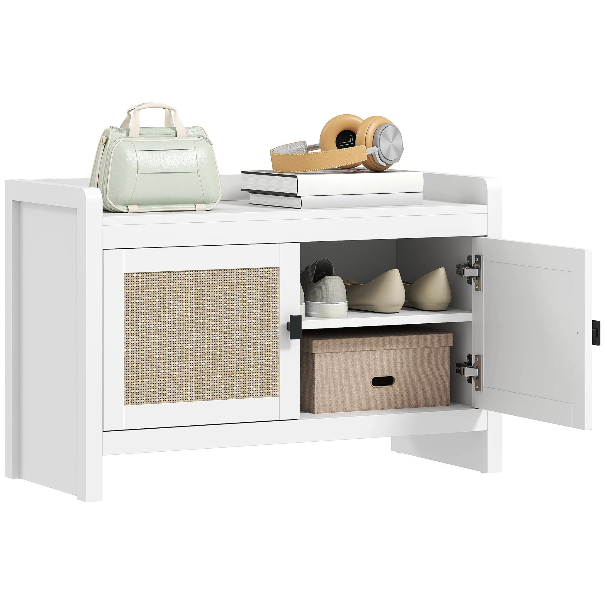 HOMCOM Banco Zapatero con Puertas Frentes de Ratán Balda Extraíble para Entrada o Dormitorio 80x35x52 cm Blanco y Beige
