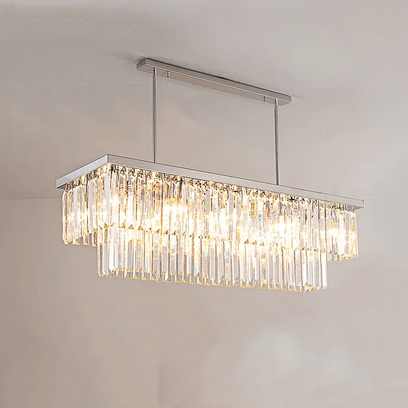 

Modern Silver Crystal Chandelier For Dining Room Rectangle Kitchen Island Suspension Crystal Lamps Luxury Home Decor Led