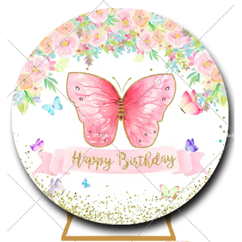 Girls Birthday Round Backdrop Cover Pink Purple Butterfly Flowers Party Decoration Baby Shower Backgrounds For Photo Studio
