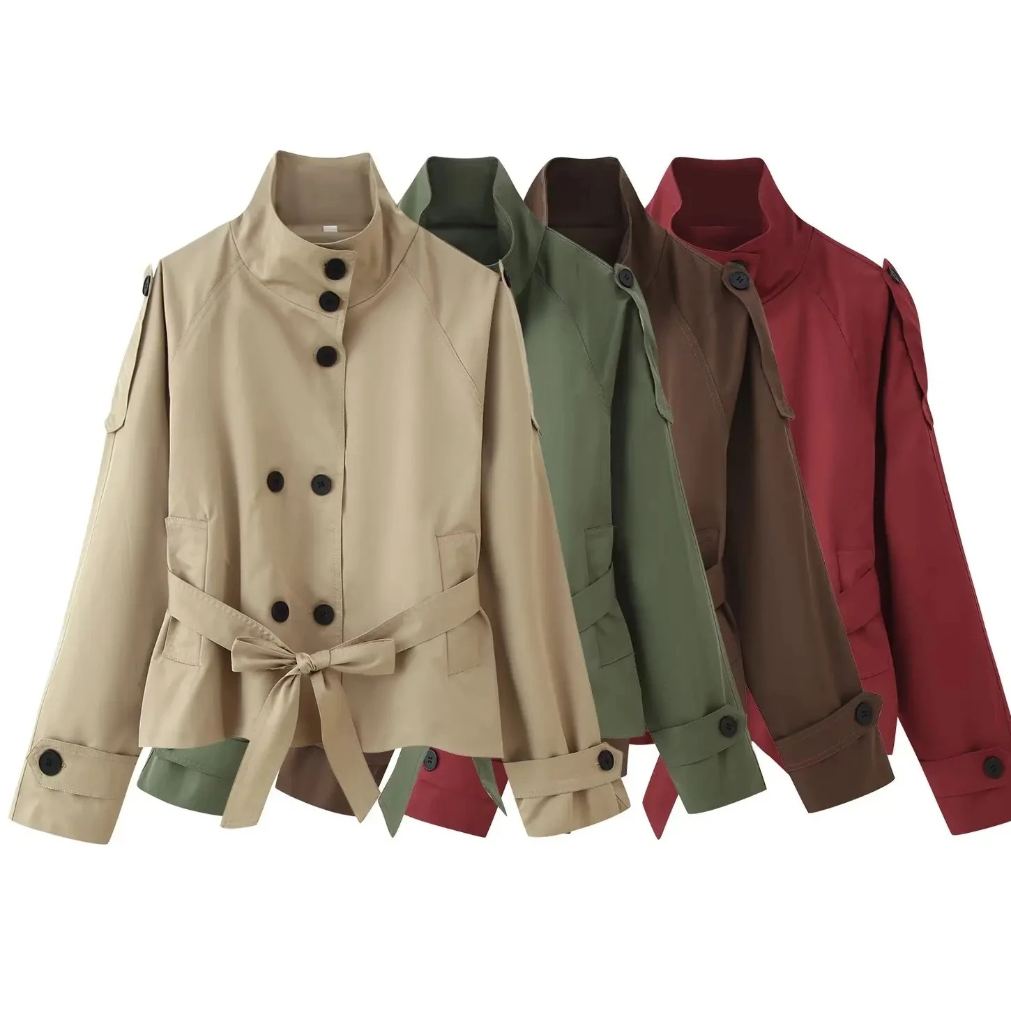 

Chic Stand Collar Double-breasted Belted Waist Cropped Trench Coat Shoulder Autumn Casual Street Outerwear