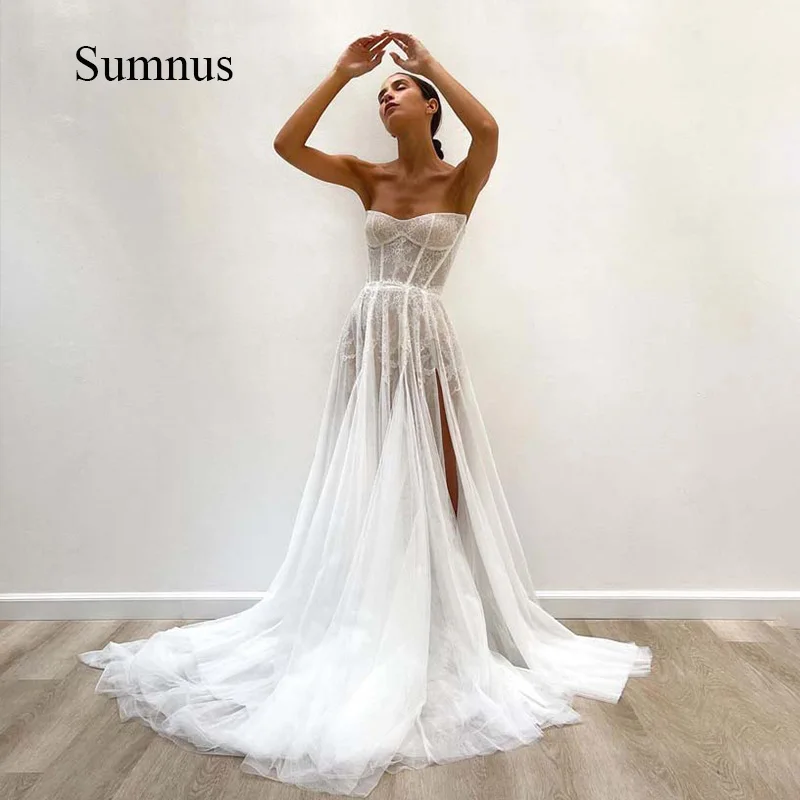 Illusion Tulle Wedding Dress Side Split Lace Strapless Bride Dresses Sleeveless Sexy Wedding Gowns Custom Made Robe de Mariee