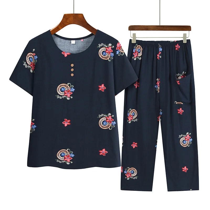 Middle Aged Mother Pajama Set For Women Pijama Feminino Plus Size Homewear Printing Short Sleeve Sleepwear Pyjama Pour Femme