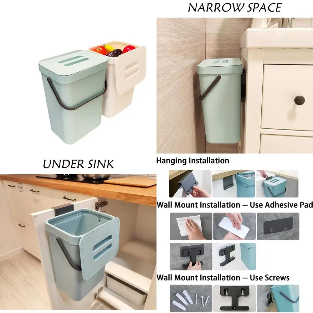 

12L Indoor Sealed Kitchen Compost Bin, Wall-Mounted 3.2 Gallon Trash Can with Lid, Blue