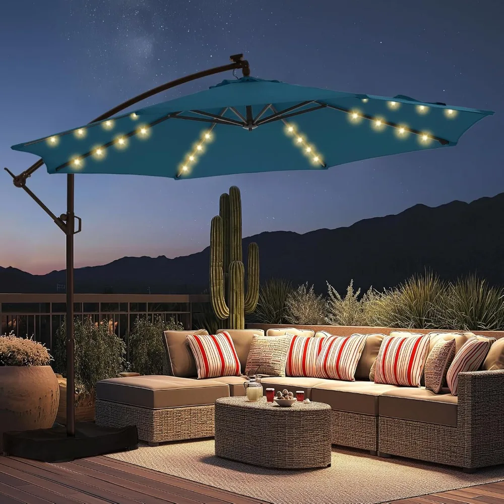 

10ft Solar Lights Offset Cantilever Patio Umbrella-with Light and Base, LED Lighted Offset Hanging Umbrella UPF50+ UV Protection