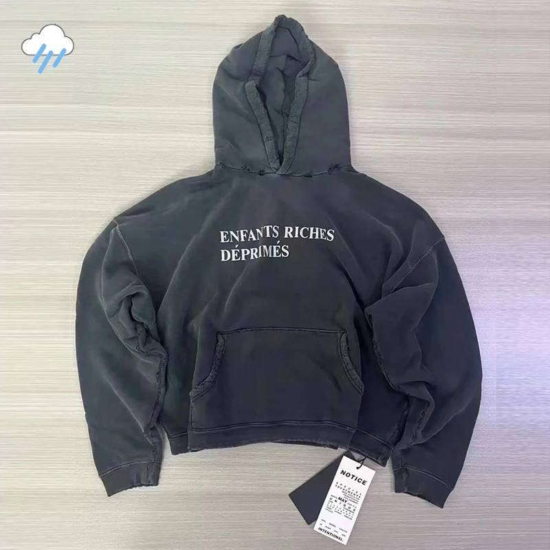 24FW Best Quality Streetwear Vintage Washed Black Damaged Enfants Riches Deprimes Hoodie Men Women 1:1 Tag ERD Pullovers Hooded