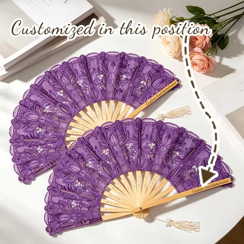 1Pc/5Pcs/7Pcs/10Pcs Personalized Custom Purple Handheld Fan, Purple Craft Fan Suitable for Celebrations, Personalized Decoration, Wedding Decoration, Lace Surface, Create Your Own Romantic Wedding, Personalized Wedding