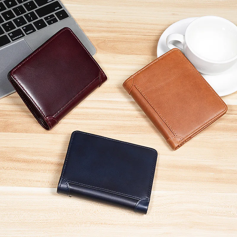 Genuine Leather Men Wallet Short RFID Multi Card Holder Business Small Trifold Wallet Solid Color Foldable Man Purse