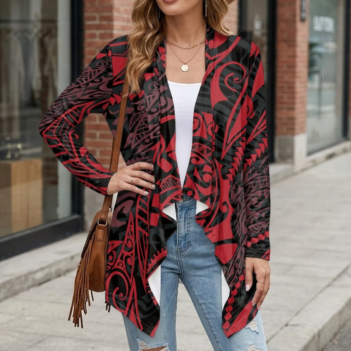 Custom Wholesale Long Sleeve Cardigan Thin Kimono Casual Everyday Wear Samoan Tongan Red Tribal Ethnic Polynesian Style