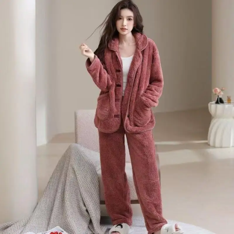 

Homewear Thicken Girl's Pajamas Flannel Loose Warm Female Two-Piece Set Autumn Winter Women's Minimalist Loungewear Nightgown
