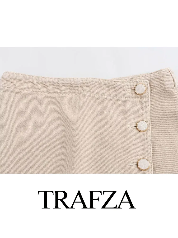 Trafza-エレガントなショートデニムスカート,ハイウエスト,ボタンポケット付き,2色,夏