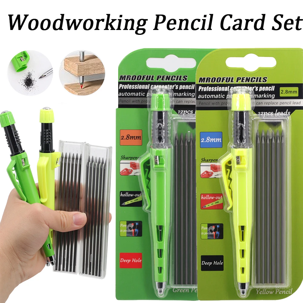 Ensemble professionnel de crayons de menuisier 2,8 mm avec 12 recharges de mine, stylo marqueur pour trous profonds pour outil de dessin d'architecte