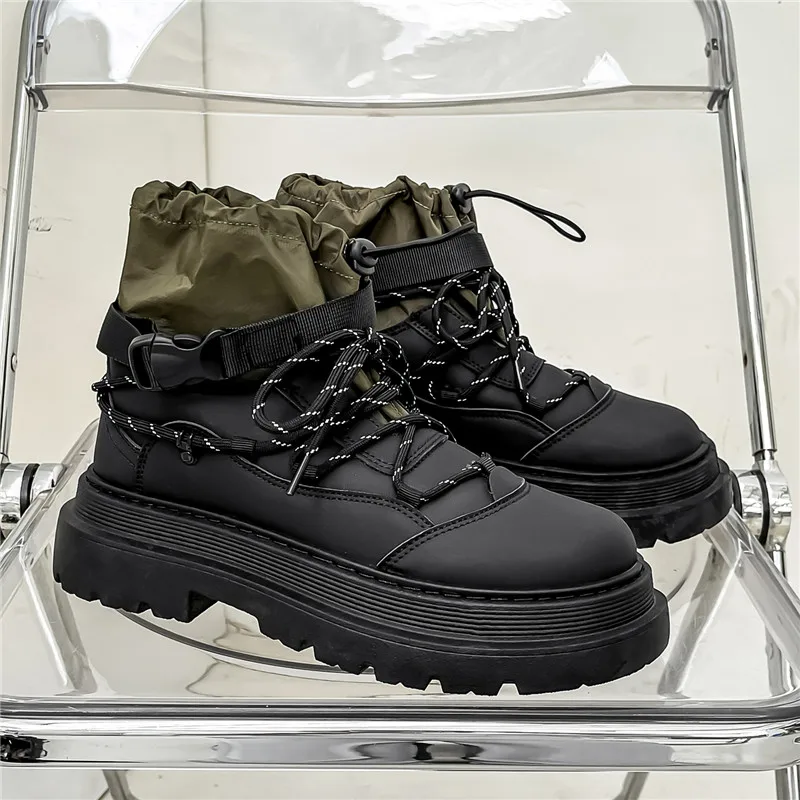 Street Cool Black Biker Boots Men Fashion Casual Design Elastic Men's Ankle Boots Original Comfy Platform Motorcycle Boots Men