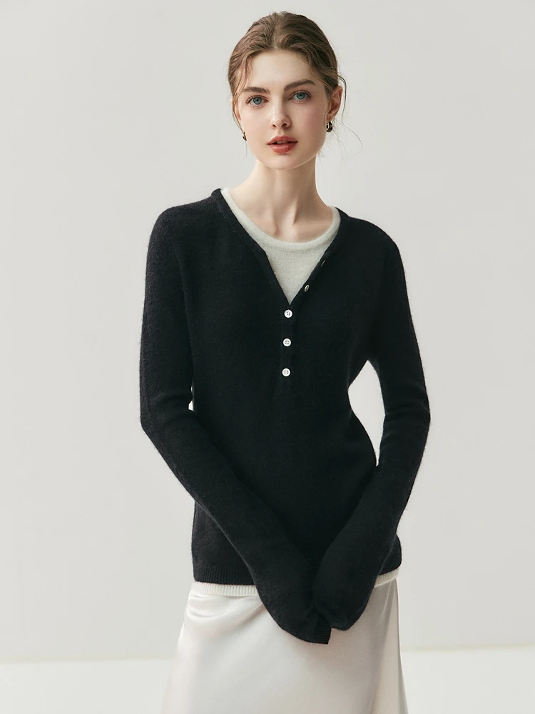 TLOML Chic Donna 100% Maglione di Cachemire Girocollo con Scollo a V Color Bloccato Falso Pullover in Due Pezzi Autunno Inverno Morbido Caldo Cashmere Magliette E Camicette