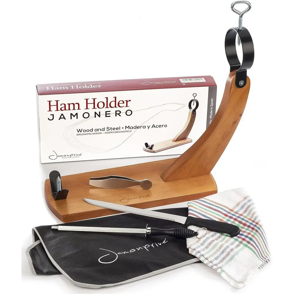 

Ham Stand Spain with Knie and ening Steel + Ham Cover + Kitchen Cloth + Tongs - Orginal Ham Holder or Spanish Hams and In Prosci
