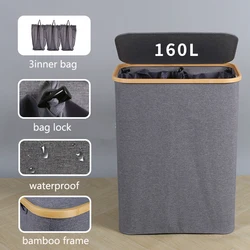 160L Extra Large Laundry Hamper with Lid Foldable Laundry Basket with 3 Section with Removable Bags Dirty Clothes Basket