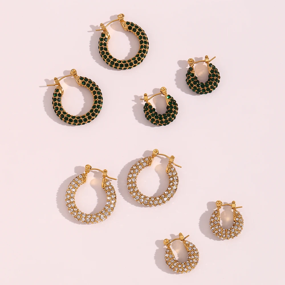 Full Crystal15mm 23mm Hoop Earrings For Girl Clear White Green Zircon Stone Stainless Steel Base Gold Plated Statement Earrings