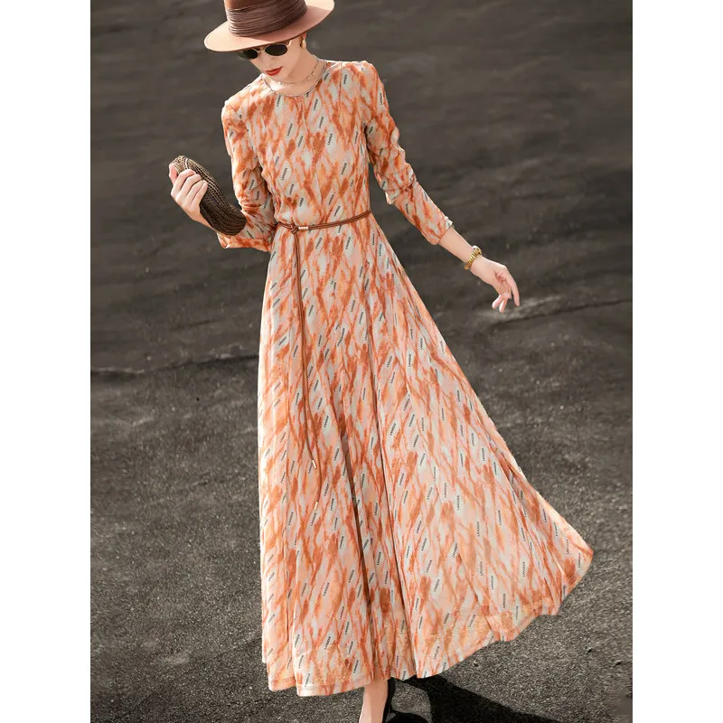 MEXCOCO Spring Autumn New Elegant Intellectual Style Gradient Print Chiffon Slim Fit Flowy Swing Dress