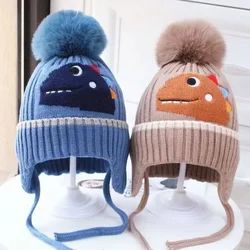 Winter Children Knitted Hats Cartoon Dinosaur Boys Girls Ear Protection Hat Cute Warm Baby Thicken Beanies Cap Kids Accessories